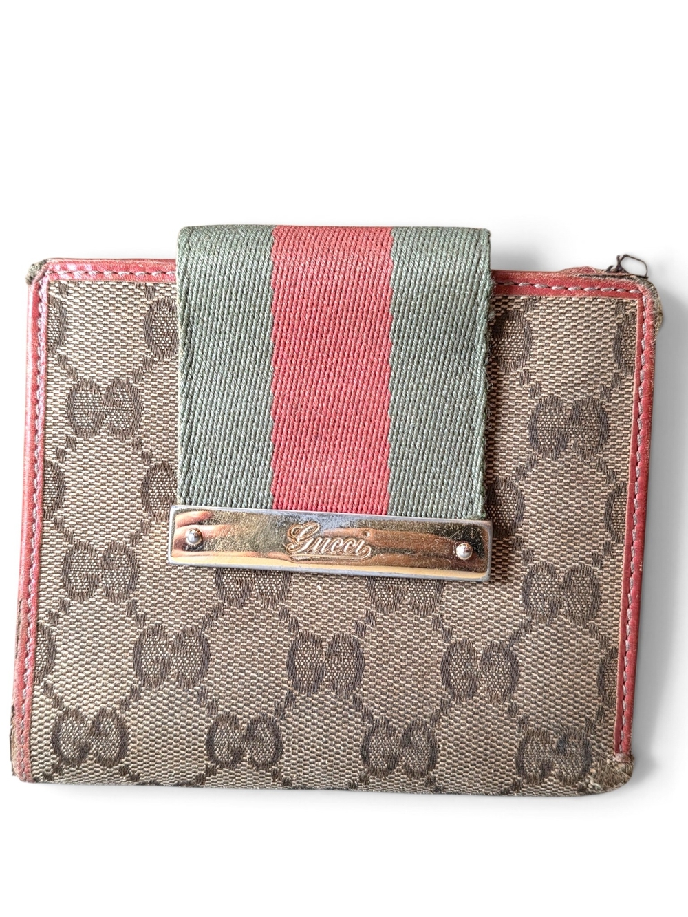 Gucci Brown GG Canvas Wallet with Pink Trim and Green-Red Web